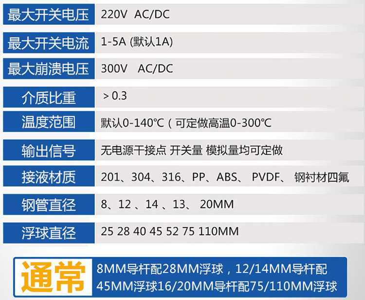 浮球式液位計(jì)技術(shù)參數(shù)對照表