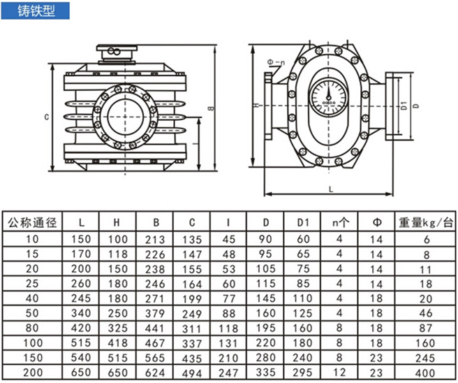 鑄鐵型重油橢圓齒輪流量計(jì)外形尺寸圖